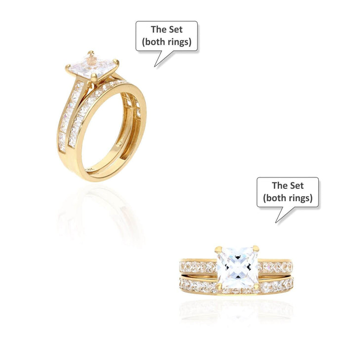 14K Yellow Gold 3TCW Princess-Cut CZ Engagement Ring Wedding Band
