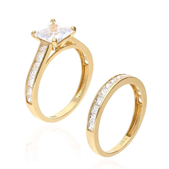 14K Yellow Gold 3TCW Princess-Cut CZ Engagement Ring Wedding Band
