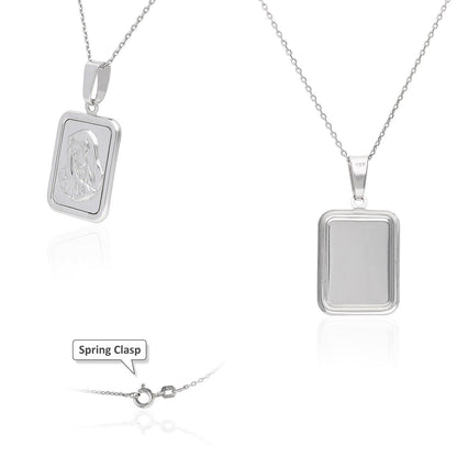 925 Silver Holy Mary Rectangle Medallion Pendant With 18" Cable  Chain
