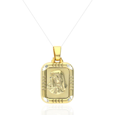 Yellow Gold Over 925 Silver Diamond-Cut Holy Mary Rectangle Prayer Pendant