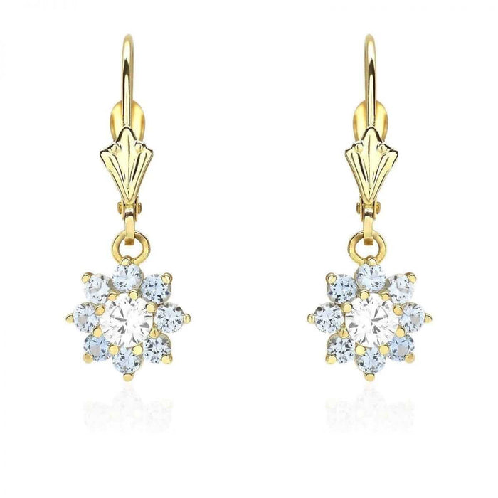 14K Yellow Gold CZ Birthstone Flower Dangle Leverback Earrings