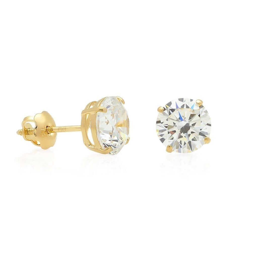 2Ct CZ 14K Yellow Gold Round Stud Screw Back Earrings 6mm