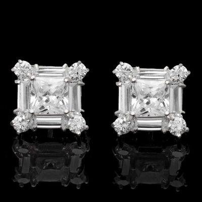 1.75Ct CZ 14K White Gold Cluster Stud Push Back Square Earrings