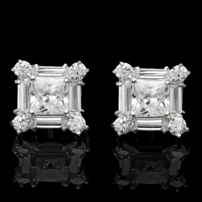 1.75Ct CZ 14K White Gold Cluster Stud Push Back Square Earrings