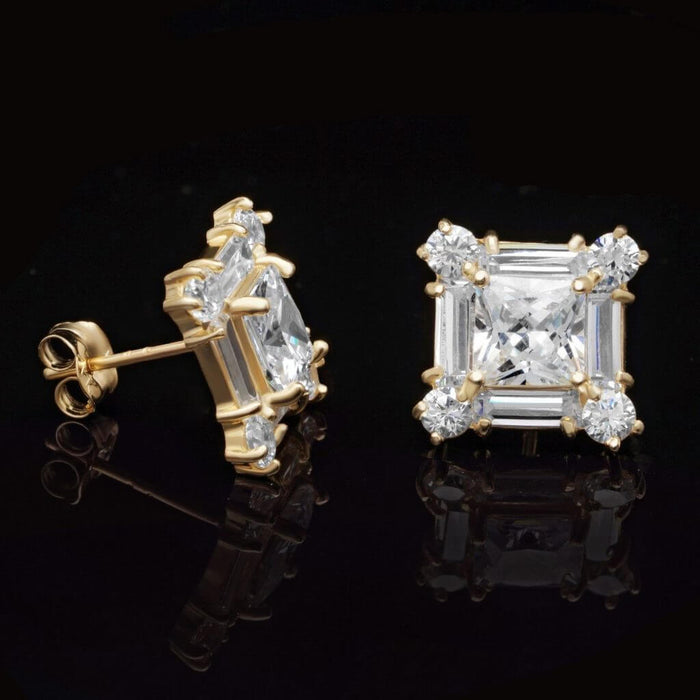 1.75CTW CZ Princess-Cut 14K Gold Cluster Square Stud Earrings