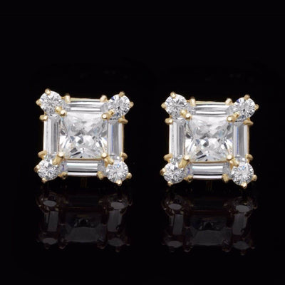 1.75CTW CZ Princess-Cut 14K Gold Cluster Square Stud Earrings
