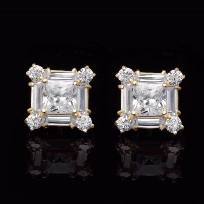 1.75CTW CZ Princess-Cut 14K Gold Cluster Square Stud Earrings