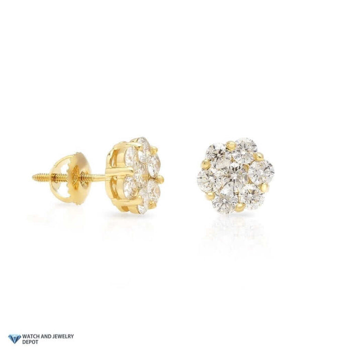 1.75Ct Natural Diamond 14k Yellow Gold Flower Cluster Screw Back Stud Earrings