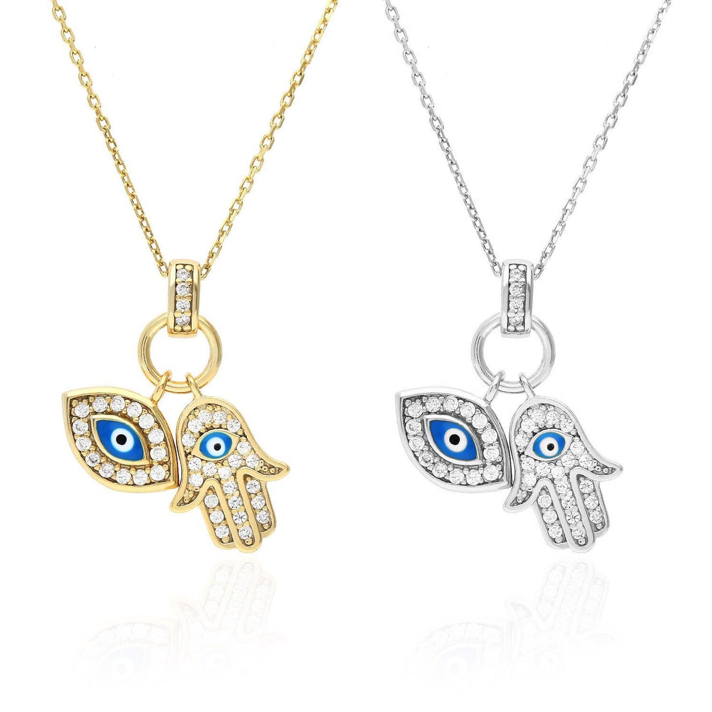 14K Gold Over Silver CZ Evil Eye Hamsa Charm Pendant Necklace 18"