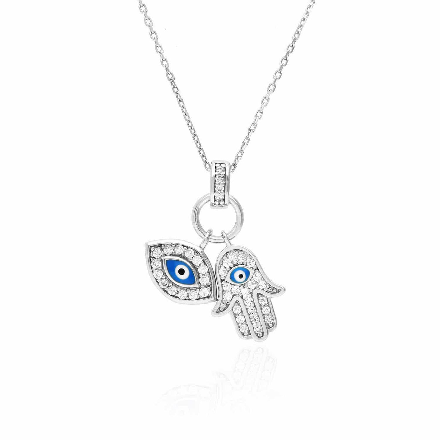 14K Gold Over Silver CZ Evil Eye Hamsa Charm Pendant Necklace 18"