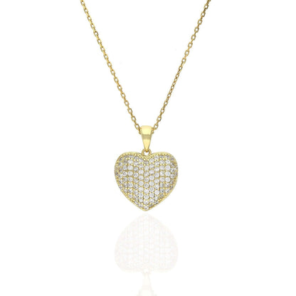 1Ct CZ Puffed Heart Pendant Necklace 18" Yellow Gold Tone Silver