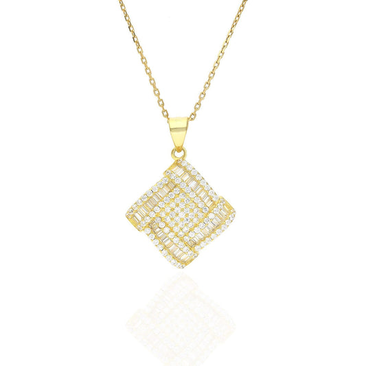 Gold Over 925 Silver Round & Baguette CZ Square Cluster Pendant Necklace 18"