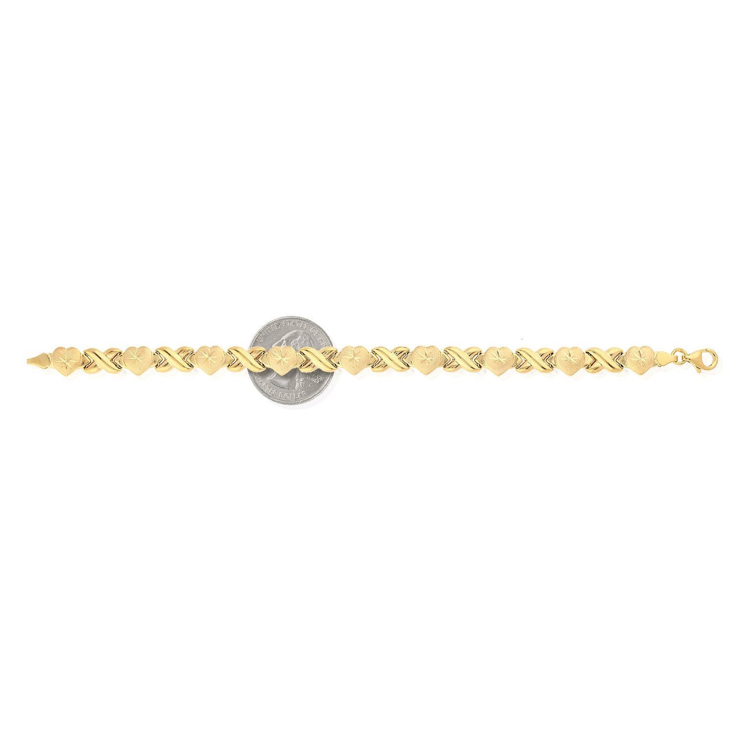 14K Yellow Gold Over Sterling Silver Heart & Kisses XO Bracelet 7.5"