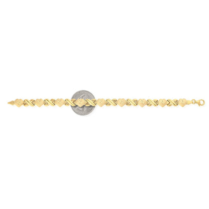 14K Yellow Gold Over Sterling Silver Heart & Kisses XO Bracelet 7.5"
