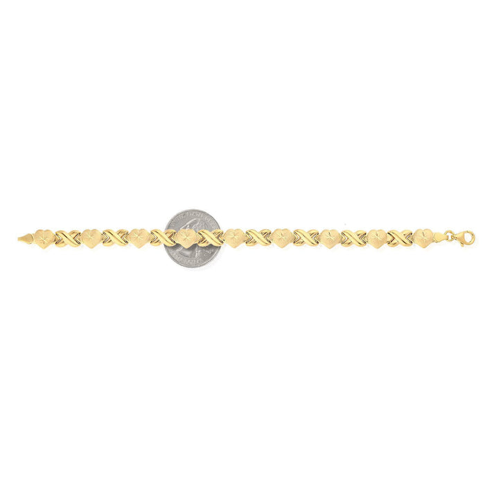 14K Yellow Gold Over Sterling Silver Hearts Kisses XO Bracelet (Hollow) 7.5"