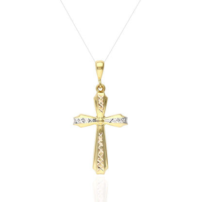 14K Yellow Gold Two-Tone Diamond Cut Religious Cross Pendant 1.5"