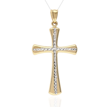 14K Two-Tone Yellow Gold Diamond Cut Religious Cross Pendant 1.7"