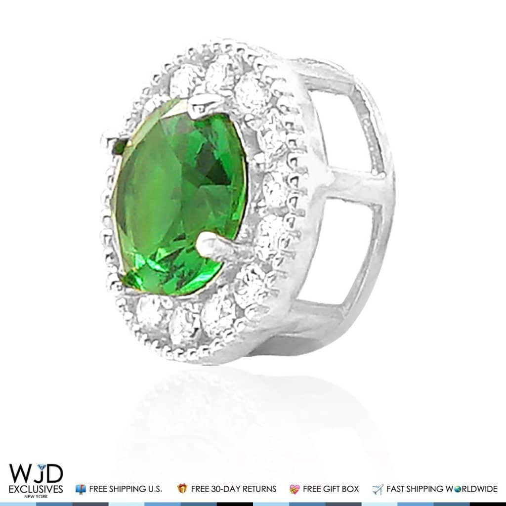 1.80Ct CZ & Emerald Round Halo Charm Pendant 14K White Gold 9mm