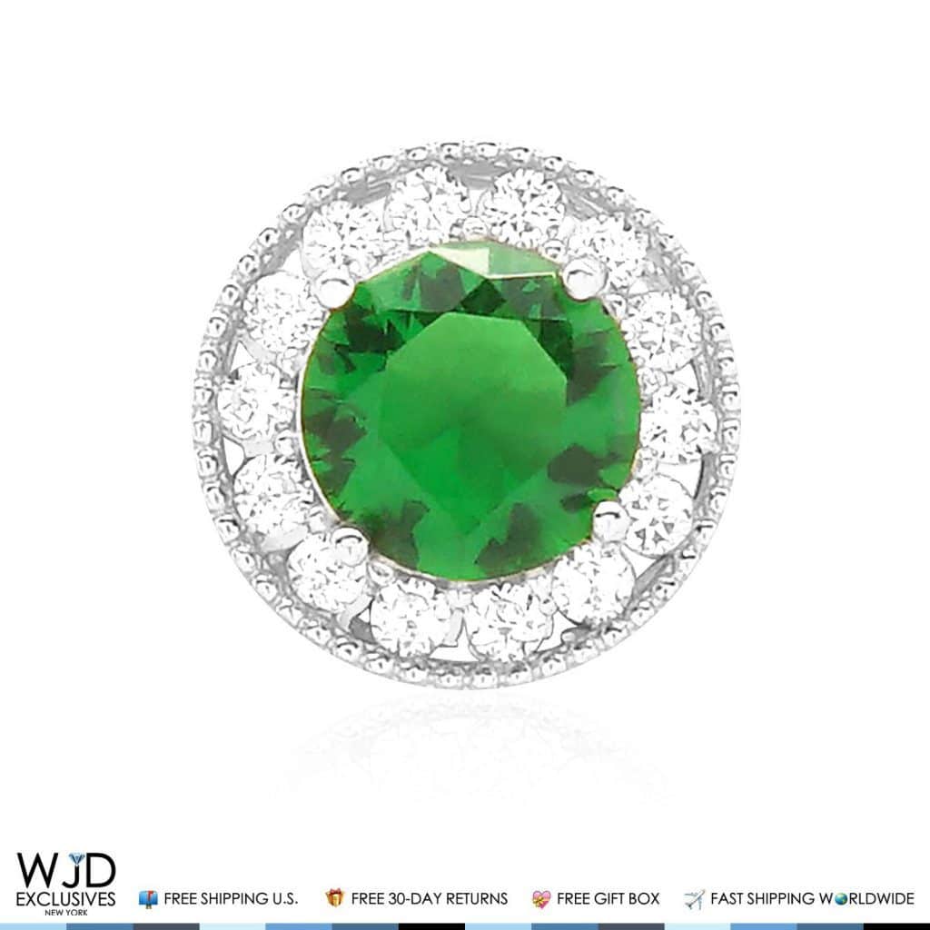 1.80Ct CZ & Emerald Round Halo Charm Pendant 14K White Gold 9mm