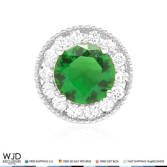 1.80Ct CZ & Emerald Round Halo Charm Pendant 14K White Gold 9mm