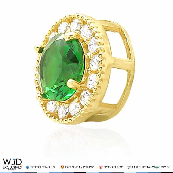 1.80Ct CZ & Emerald Round Halo Pendant 14K Yellow Gold 9mm