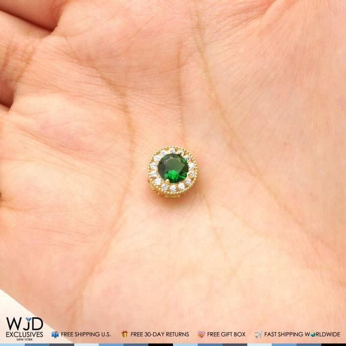 1.80Ct CZ & Emerald Round Halo Pendant 14K Yellow Gold 9mm