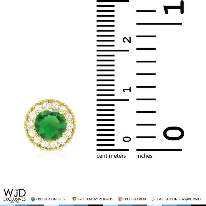 1.80Ct CZ & Emerald Round Halo Pendant 14K Yellow Gold 9mm