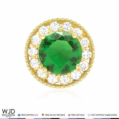 1.80Ct CZ & Emerald Round Halo Pendant 14K Yellow Gold 9mm