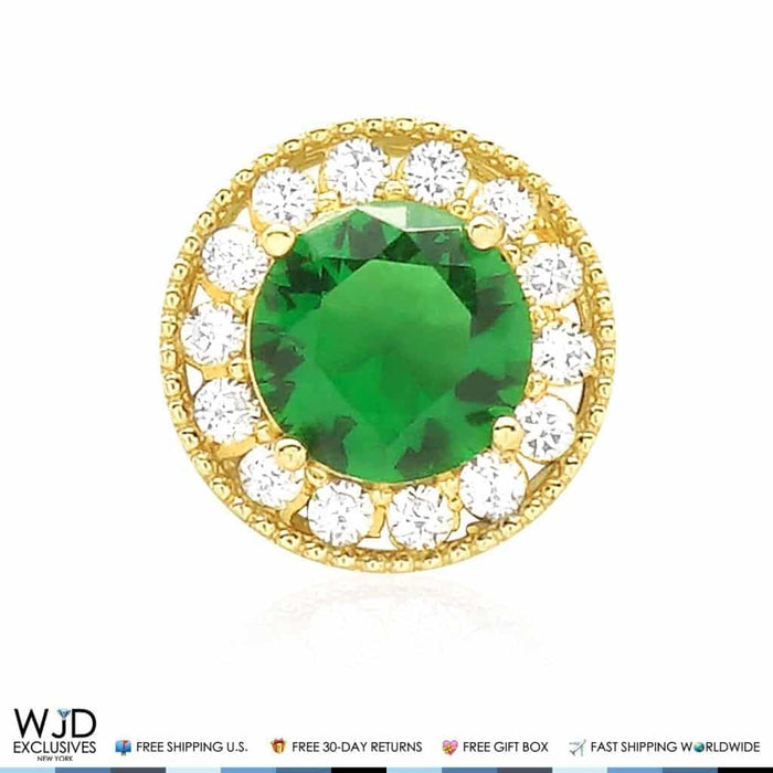 1.80Ct CZ & Emerald Round Halo Pendant 14K Yellow Gold 9mm