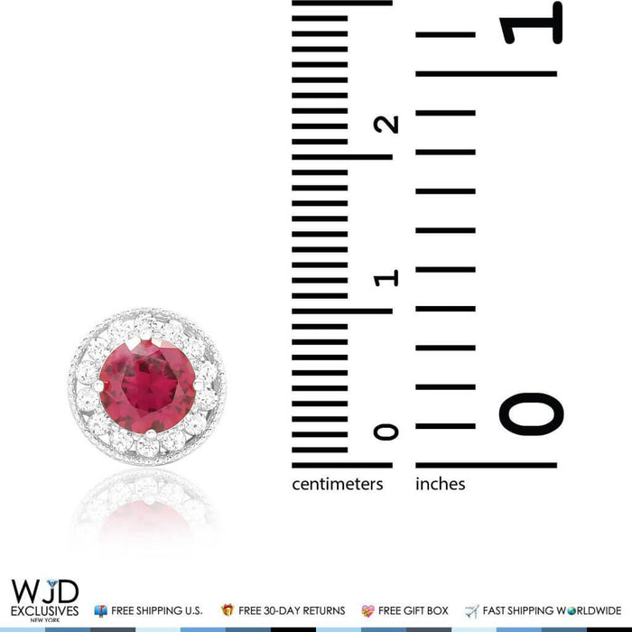 1.80Ct CZ And Ruby Round Halo Pendant 14K White Gold 9mm