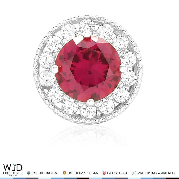 1.80Ct CZ And Ruby Round Halo Pendant 14K White Gold 9mm