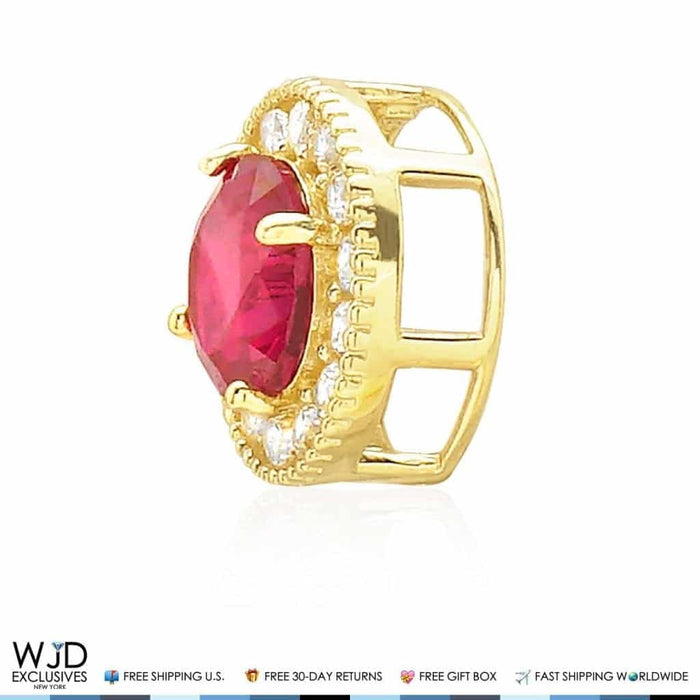 1.80Ct CZ And Ruby Round Halo Pendant 14K Yellow Gold 9mm