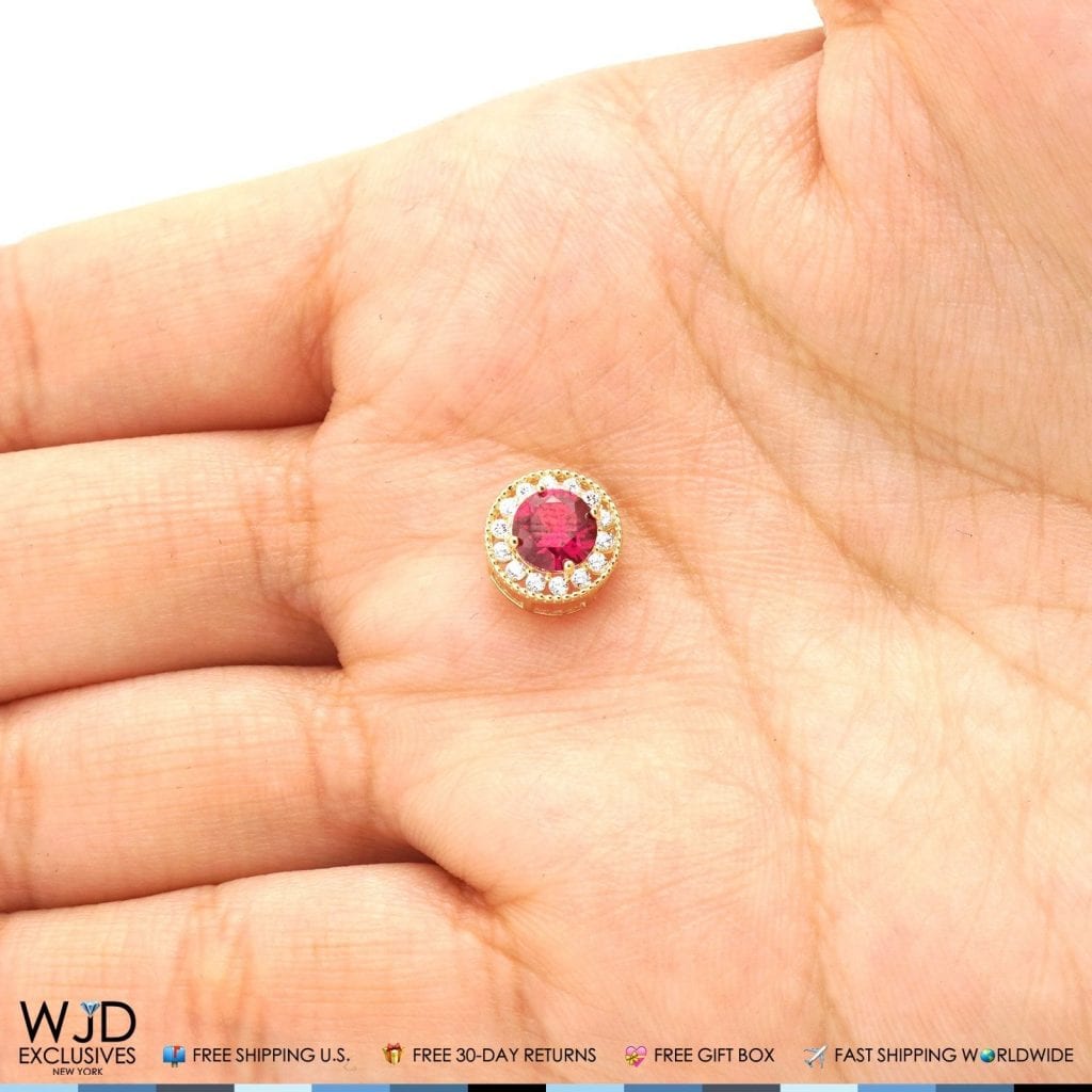 1.80Ct CZ And Ruby Round Halo Charm Pendant 14K Yellow Gold 9mm