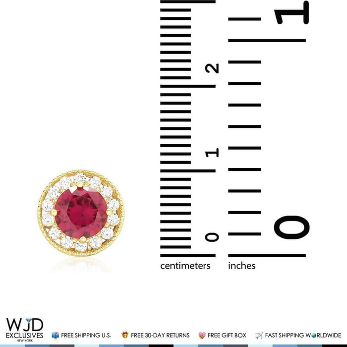1.80Ct CZ And Ruby Round Halo Pendant 14K Yellow Gold 9mm