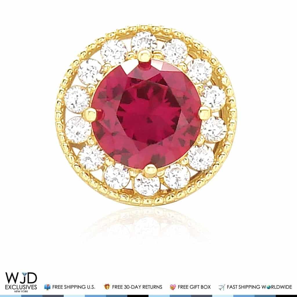 1.80Ct CZ And Ruby Round Halo Charm Pendant 14K Yellow Gold 9mm