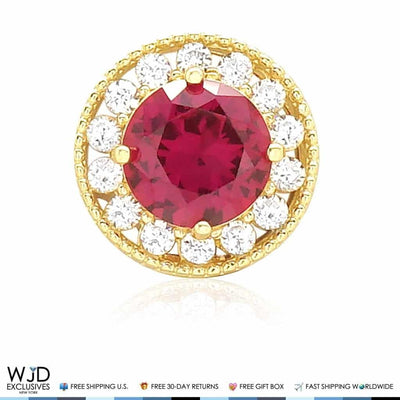 1.80Ct CZ And Ruby Round Halo Pendant 14K Yellow Gold 9mm