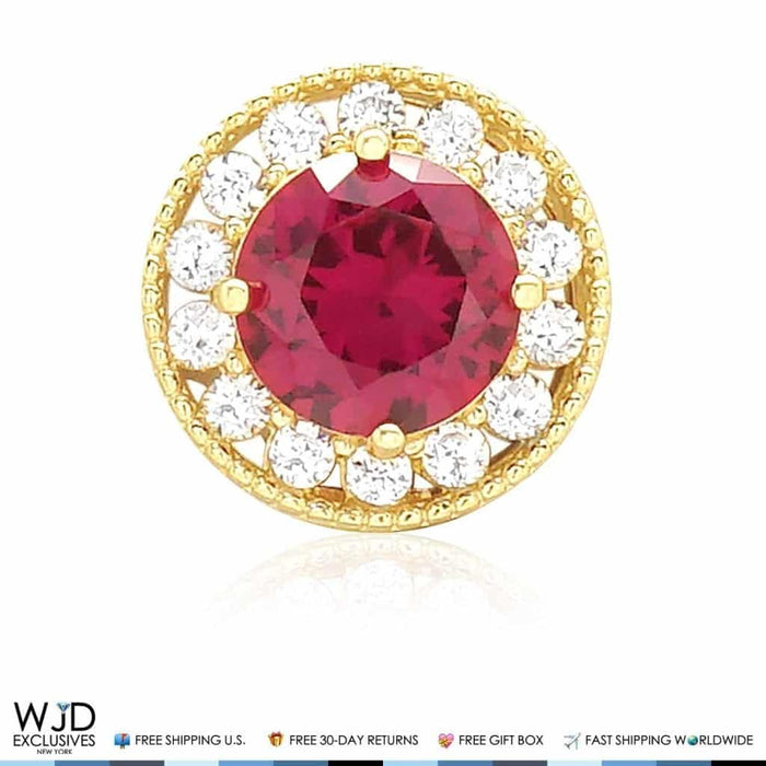 1.80Ct CZ And Ruby Round Halo Pendant 14K Yellow Gold 9mm