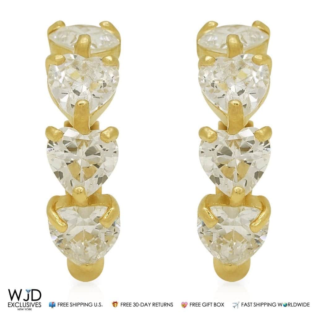 1.80Ct Created Heart Shape Diamond Huggie Hoop Earrings 14K Yellow Gold 0.5"