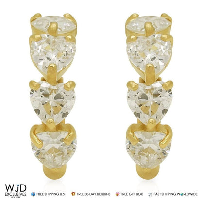 1.80Ct Created Heart Shape Diamond Huggie Hoop Earrings 14K Yellow Gold 0.5"