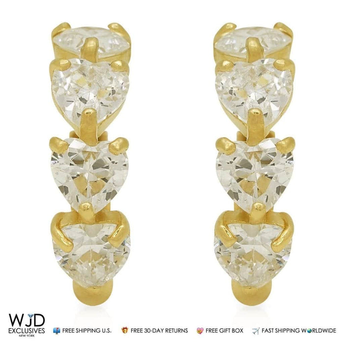 1.80Ct CZ Heart Shape Huggie Hoop Earrings 14K Yellow Gold 0.5"