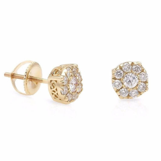 0.60Ct Real Diamond 14K Yellow Gold Earrings Cluster Pave Halo Round Studs