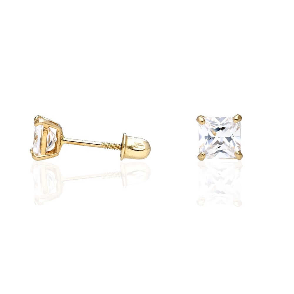 1Ct White CZ Princess-Cut 14K Yellow Gold Solitaire Stud Earrings