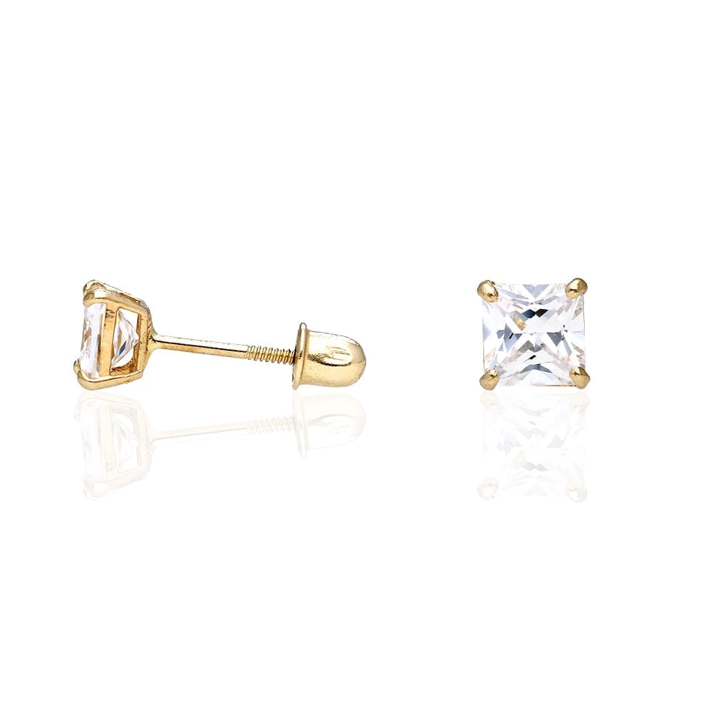 1Ct White CZ Princess-Cut 14K Yellow Gold Solitaire Stud Earrings