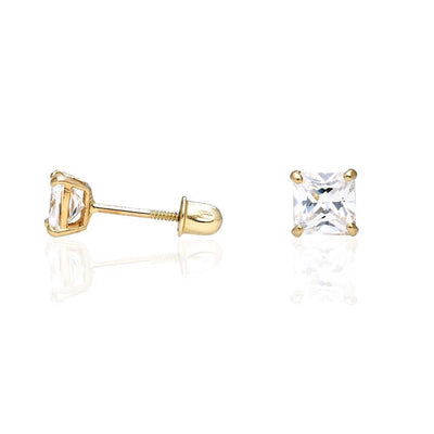 1Ct White CZ Princess-Cut 14K Yellow Gold Solitaire Stud Earrings