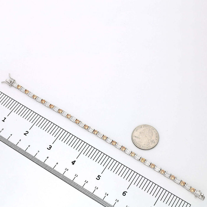 10.25CTW CZ Cognac & White Baguette Round Sterling Silver Tennis Bracelet 7.5"