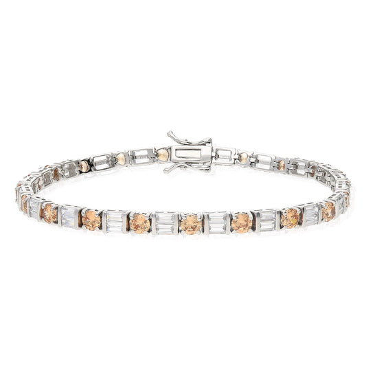 10.25TCW Cognac & White Baguette Round CZ Silver Tennis Bracelet