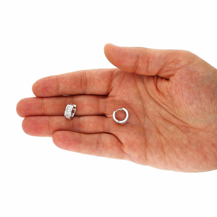 925 Sterling Silver Emerald-Cut CZ 12mm Huggie Hoop Earrings