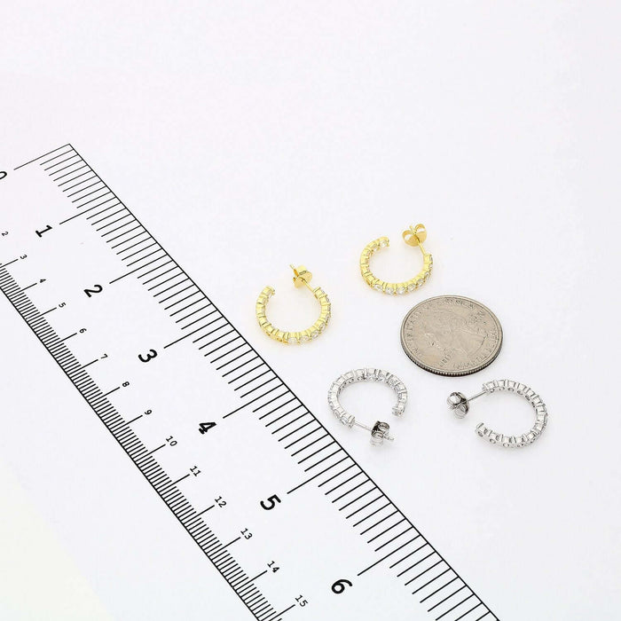 Yellow White Gold Over 925 Silver Inside Outside CZ Stud Hoop Earrings