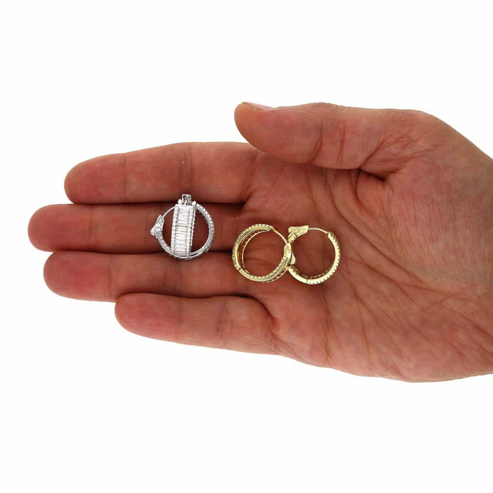 Yellow White Gold Over Silver Inside Out Baguette Round CZ Huggie Hoop Earrings