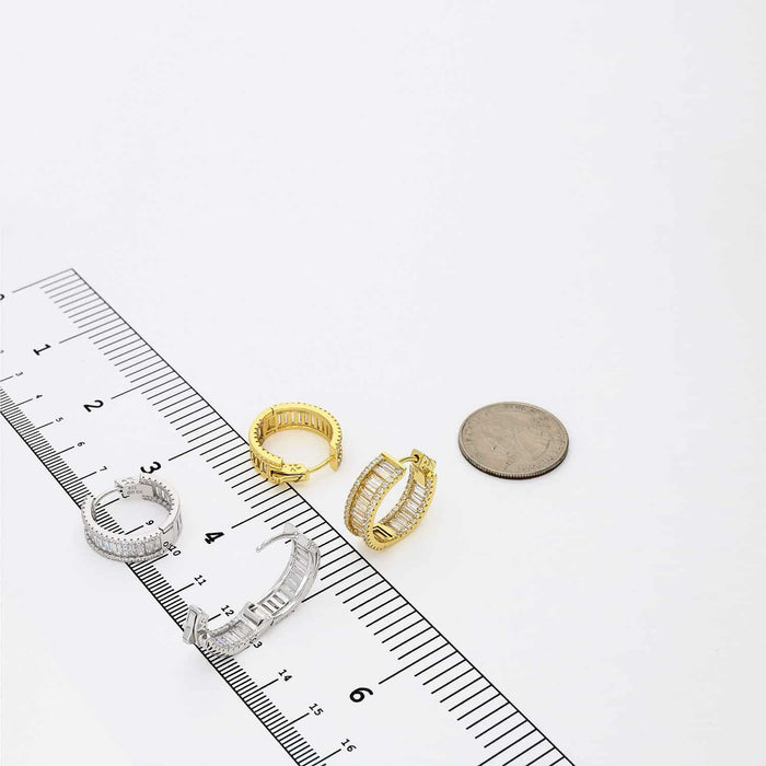 Yellow White Gold Over Silver Inside Out Baguette Round CZ Huggie Hoop Earrings